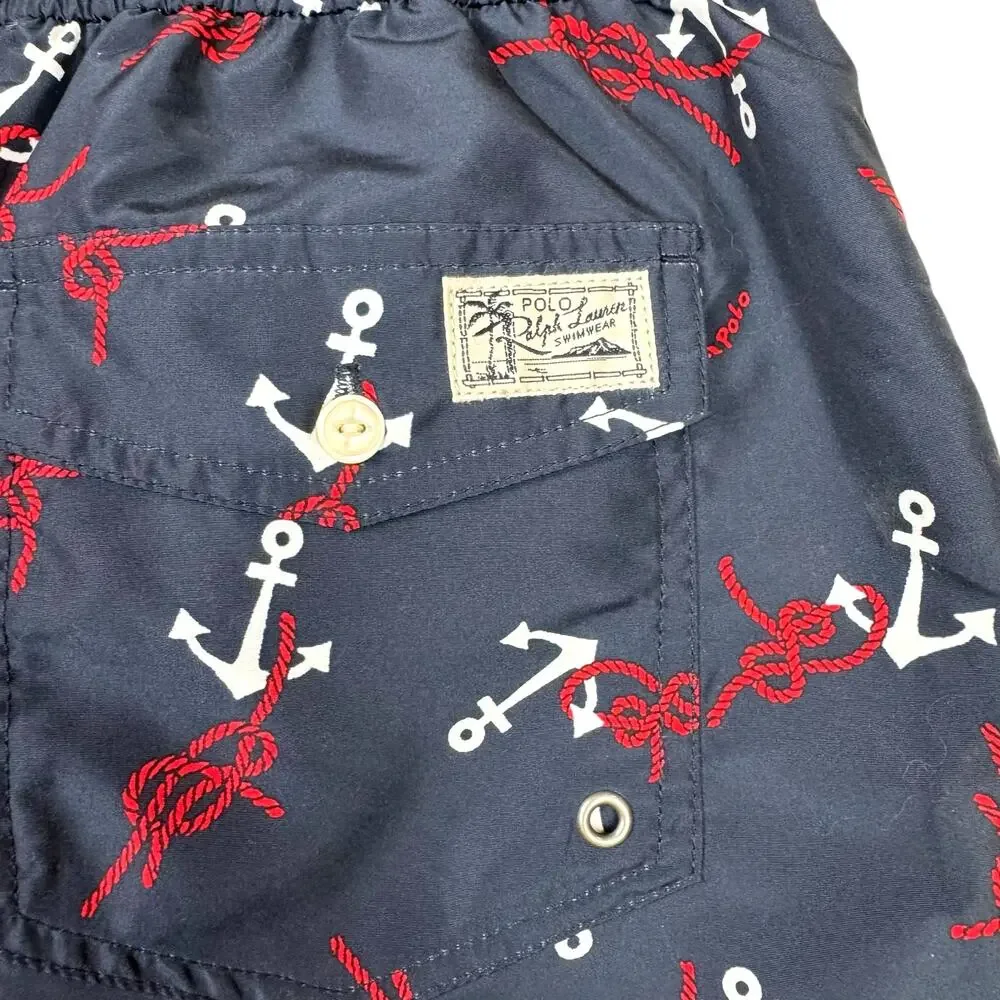 Polo Ralph Lauren Nautical Anchor Print Elastic Waist Swim Trunks Shorts Pockets